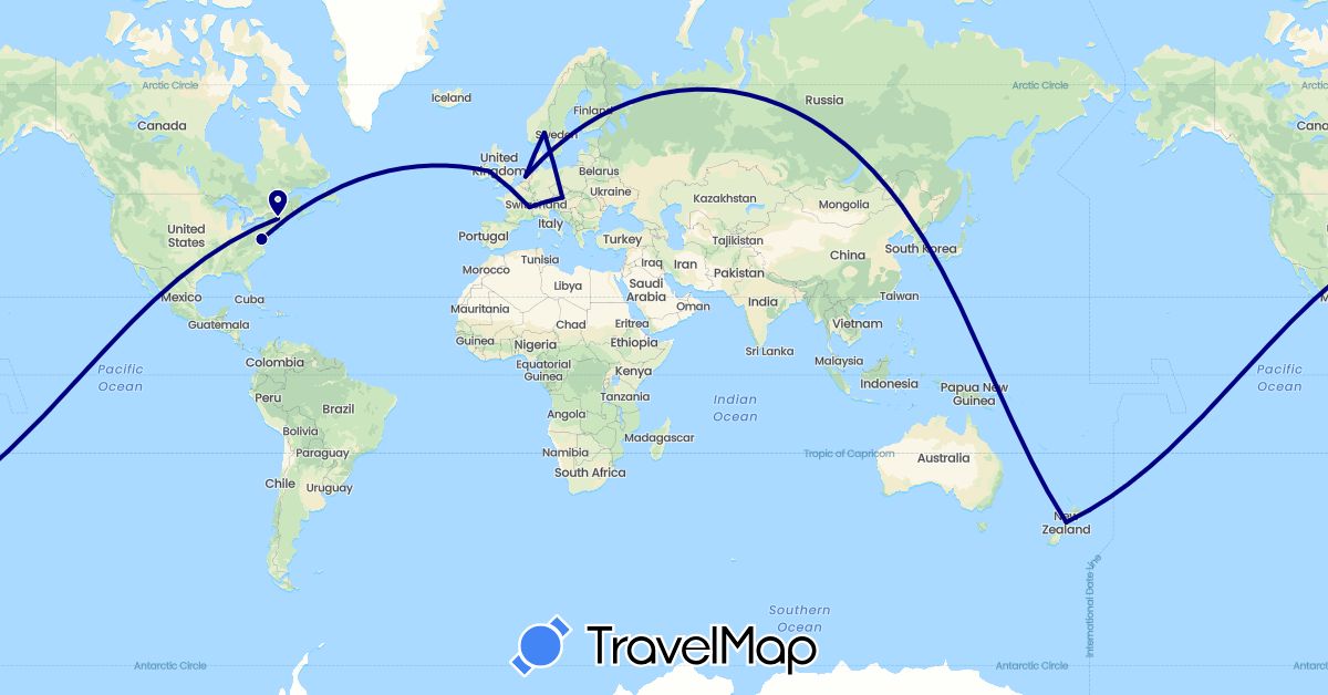 TravelMap itinerary: driving in Austria, Switzerland, Ireland, Netherlands, Norway, New Zealand, United States (Europe, North America, Oceania)