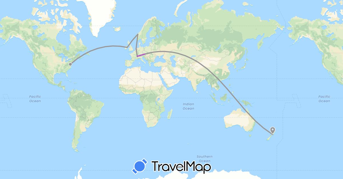 TravelMap itinerary: driving, plane, train in Austria, Switzerland, Ireland, Netherlands, Norway, New Zealand, United States (Europe, North America, Oceania)